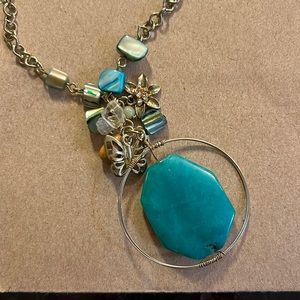 Lucky Brand Gold and Turquoise Long Length beaded necklace - flower & butterfly